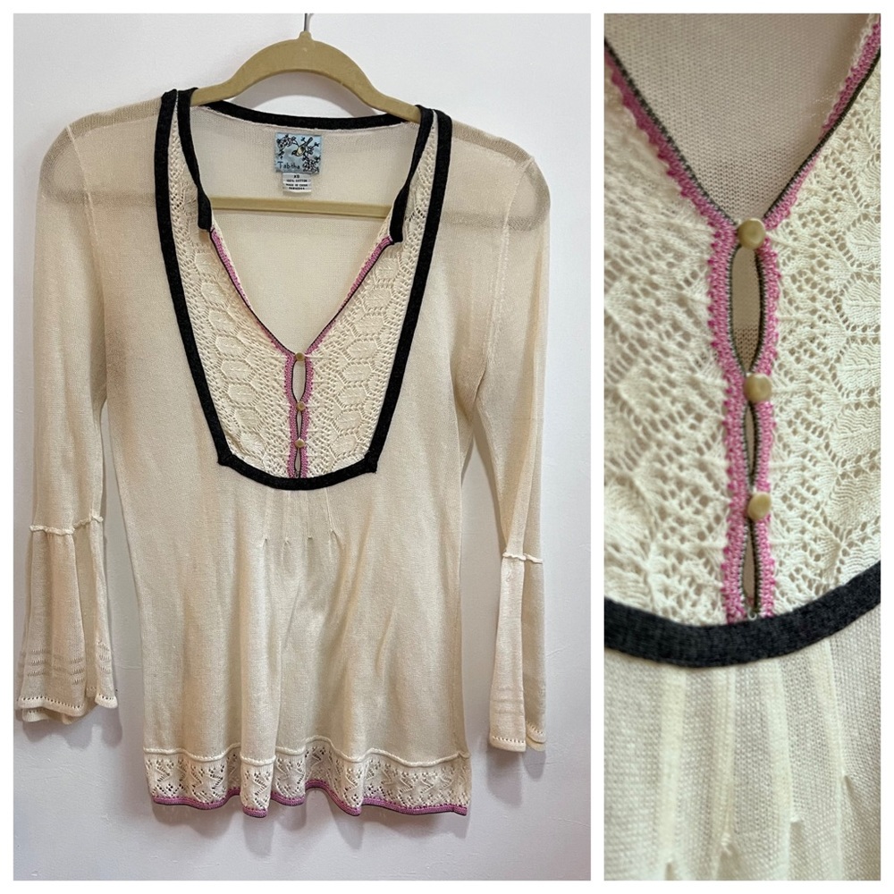 Anthropologie XS Fine Knit Boho top, 3/4 sleeves, beige